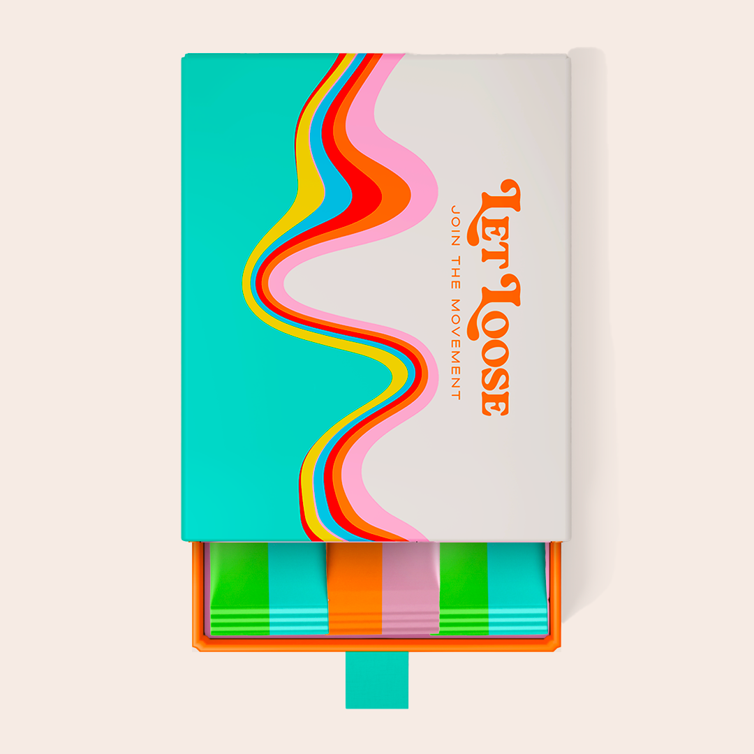 Colorful matchbox with wavy patterns and the text "LET LOOSE, JOIN THE MOVEMENT" on the cover.