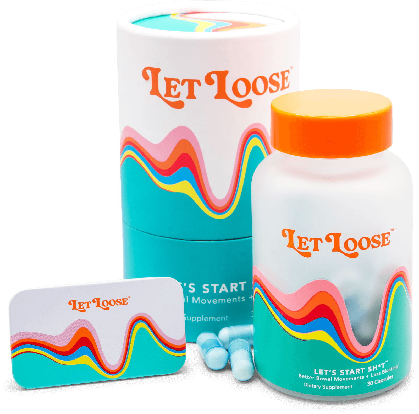 "Let Loose" branded products: a cylindrical container, a bottle labeled "LET'S START SH*T" with an orange cap, and a rectangular box, all featuring colorful wave designs on a transparent background.
